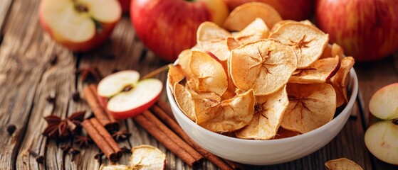 Wall Mural -  A bowl of homemade apple chips beside cinnamon sticks.