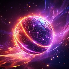 Wall Mural - earth in space, Abstract neon sphere of energy with purple and pink flames and particle dark background