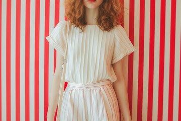 A young woman, with two hands full of shopping bags, poses against a white backdrop featuring a red stripe pattern