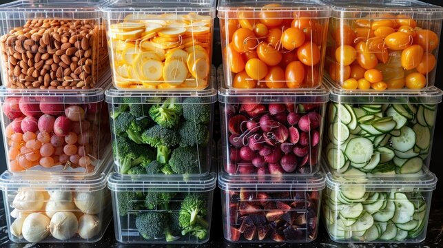 A display of crunchy farm-to-table vegetables neatly arranged in stacked clear containers, against a minimalist backdrop