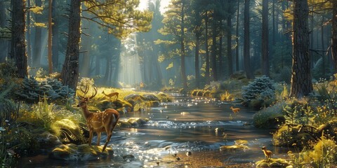 Tranquil Brookside Scene with Deer Family, generative ai