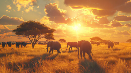 Wall Mural - a herd of elephants walking across a dry grass field at sunset with the sun in the background and a few trees in the foreground. generative ai