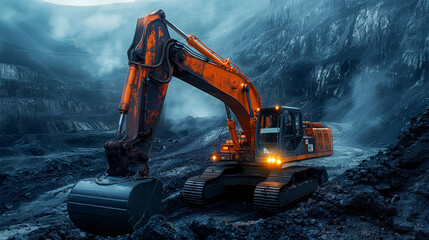 Wall Mural - A large orange and black construction vehicle is driving through a rocky area