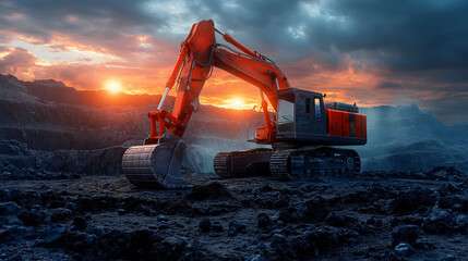 Wall Mural - A large orange and black construction vehicle is driving through a rocky.Open pit mine concept