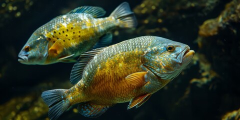 Wall Mural - Two Blue Fish Swimming in a Green Algae Forest