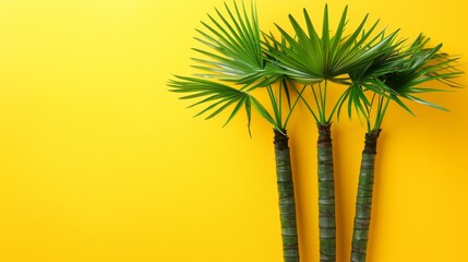 Wall Mural -  Two palm trees atop a yellow wall In front, another identical yellow wall houses a green, leafy plant centrally between them