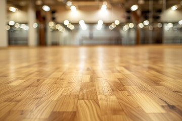 A wooden dance floor in the foreground with a blurred background of a dance studio. The background includes mirrors covering the walls.