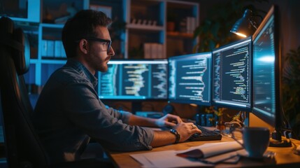a software developer works on code late into the night, illuminated by the glow of multiple computer