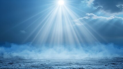a radiant sun pierces the clouds above a tranquil expanse of water, framed by a clear blue sky dotte