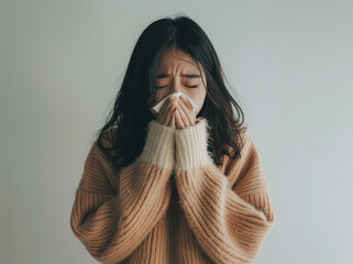 Wall Mural - japanese woman sneezing with white background, blowing her nose in a tissue, in the simple and clean style, with soft lighting, portrait photography, high resolution stock photo