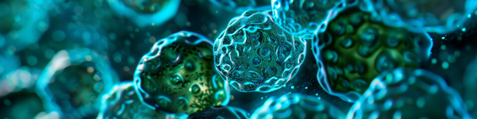 Microscopic view of cells in vibrant blue and green colors