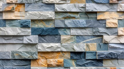  A tight shot of a wall adorned with multicolored paper blocks The side of the wall showcases a blue, yellow, orange, and grey pattern