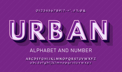 Wall Mural - Violet volumetric 3d alphabet with a thin outline. Chic urban 3D font with signs, symbols and numbers.