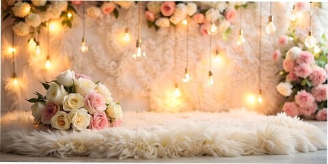 Wall Mural - Background photo background, room with a fluffy rug and glowing garlands, design idea, fluffy rug and flowers, background, wallpaper rose 