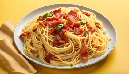 Wall Mural - Spaghetti pasta with pepper and bacon on yellow background. With clipping path