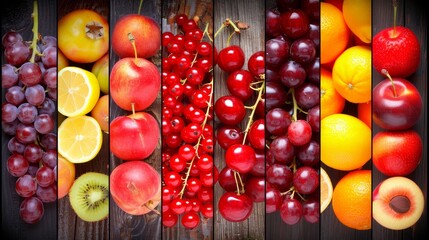  A collage of cherries, oranges, apples, lemons, and a kiwi fruit on a wooden surface