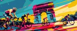 Olympic cyclists racing past Arc de Triomphe in a vibrant, stylized artwork