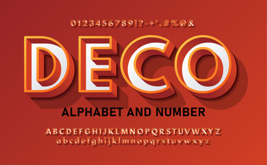 Wall Mural - Modern orange deco 3d alphabet with a thin outline. Chic retro 3D font with signs, symbols and numbers.