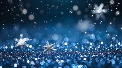 Wall Mural -  A star floats in the midst of a blue backdrop, adorned with stars scattered in the foreground The stars in the image are slightly blurred behind, creating a soft,
