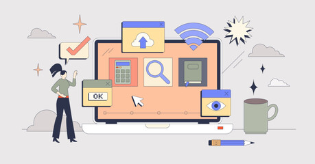 Wall Mural - digital learning tools for online education tiny person neubrutalism concept. studying using interne