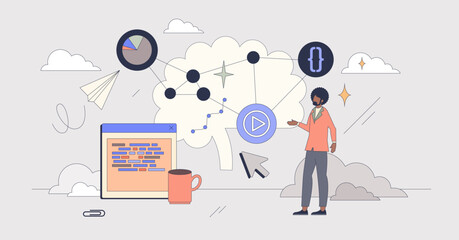 Wall Mural - digital learning tools and programming tiny person neubrutalism concept. education software developm