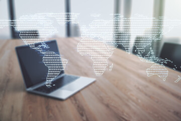 Wall Mural - multi exposure of abstract creative digital world map on laptop background, research and analytics c