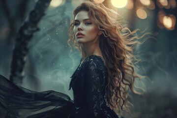 A beautiful woman with wild, wavy hair, wearing a black leather outfit and flowing gypsy skirt, standing in a moonlit forest, ai generated