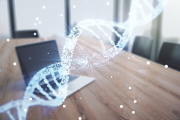 Wall Mural - Creative DNA sketch on modern laptop background, biotechnology and genetic concept. Multiexposure