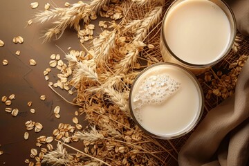 Wall Mural - Close-up top view of healthy oat milk in a glass