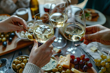  group of friends toasting with white wine and enjoying an assortment of cheese, olives, and grapes on the table in a closeup view with natural light, captured in the style of Nikon