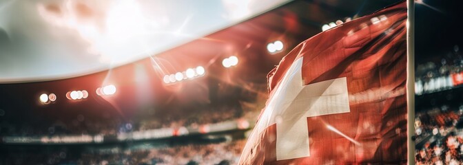 Wall Mural - Swiss flag at stadium. Sport concept. Football background