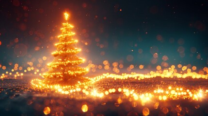 Wall Mural -  A brightly lit Christmas tree in the foreground against a nighttime backdrop Bokeh of twinkling lights adorn the tree, while the background subtly blurs into