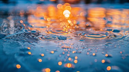 Wall Mural -  A tight shot of a serene water surface dotted with numerous drops, against a backdrop of a yellow light centrally positioned in the middle ground