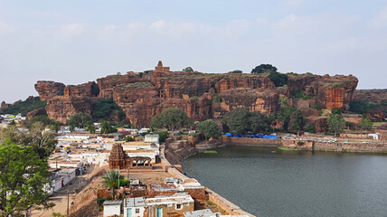 Wall Mural - View of Badami Town and Agasthya Lake, Badami, Bagalkot, Karnataka, India.