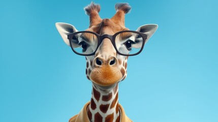 Wall Mural - Giraffe with glasses on a blue background with space for text