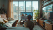 © Unknown studio - a wide shot an asian man and a dog sitting on the couch next to a television