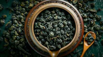 Sticker -  A wooden bowl holds green tea, placed on a table Behind it, wooden spoons and a mound of green tea leaves lie in wait