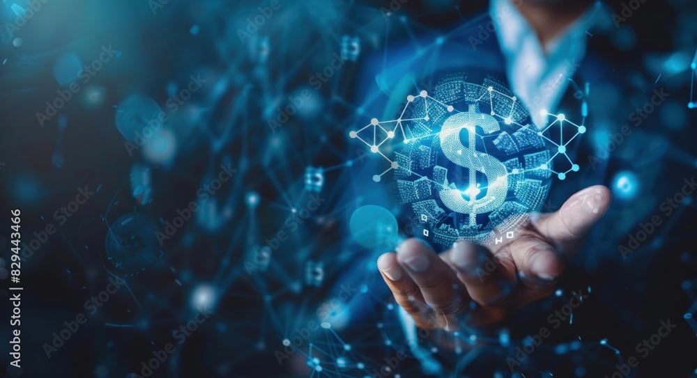 Holographic projection of a dollar sign and coins. Business financial ...