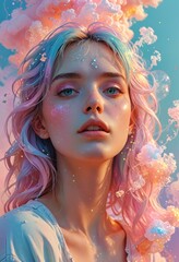 Canvas Print - Dreamy Woman with Pink Hair and Sparkling Skin