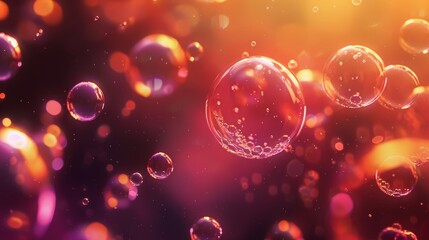 Wall Mural -  A collection of bubbles hovering above a purple and orange backdrop, softly blurred image of suspended bubbles, distinctly visible upper halves