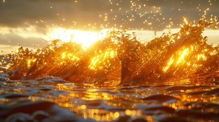 Poster -  A tight shot of a wave in the ocean, sunlight filtering through clouds above, water spraying over crest and underside