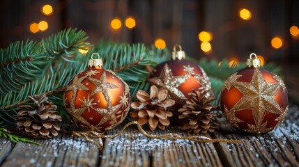 Wall Mural -  A collection of Christmas ornaments atop a wooden table, accompanied by pine cones Background includes holiday lights