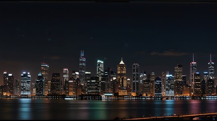 Canvas Print - night view of a city skyline with many skyscrapers lit up