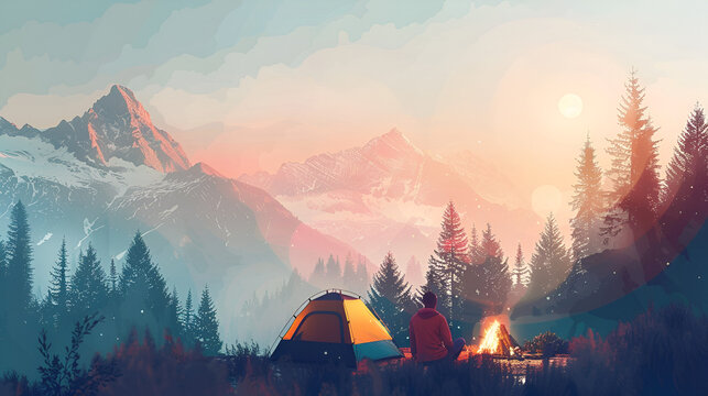 People are camping with tent in the forest with a beautiful mountain Romantic background
