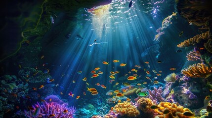 Wall Mural - Underwater cave with a beam of light shining down, showing a colorful coral reef with many fish swimming around