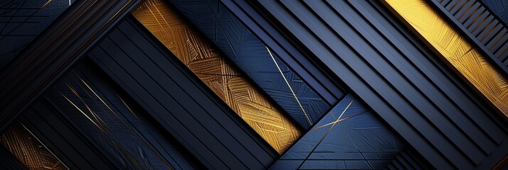 Blue, gold and three-dimensional striped background, triangle/rectangle, black backgroundaspect ratio 3:1, for banner, landing page, website