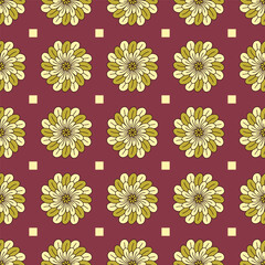 Wall Mural - Seamless pattern with hand drawn golden classic floral rosette motifs on a red background