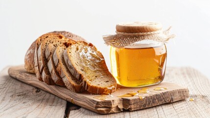 Wall Mural - Honey in a container and bread on a wooden surface against a white backdrop