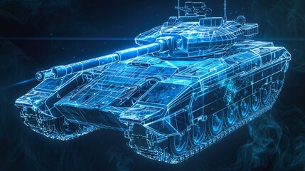 3D rendering illustration Tank blueprint glowing neon hologram futuristic show technology security for premium product business finance