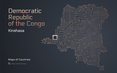 Democratic Republic of the Congo Map with a capital of Kinshasa Shown in a Microchip Pattern with processor. E-government. World Countries vector maps. Microchip Series	